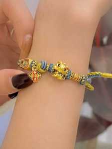 Handmade Yellow Gold Color Lucky Lion Bracelet for Women Woven Rope Birthday Gift Fortune Attraction Titanium Steel Peace Buckle