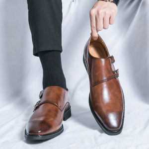 Classic Retro Dress Mens Monk Leather Shoes With Pointed Toe Buckle Business Office Wedding Soft Comfortable Mens Shoes