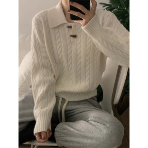 French Vintage Wine Red Polo Collar Thickened Knitted Sweater Women Autumn Winter Long Sleeve Crew Neck Pullover Knitwear