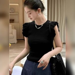 YUFUQING | Black Short Sleeveless Slim Fit T-Shirt Womens Summer OOTD Casual Fashion High Waist Pleated Sleeves Fashionable Plus Size