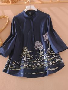 Elegant Embroidered Loose Fit Shirt Stand Collar 3/4 Sleeve Vintage Style Womens Top Cotton Blend Comfortable Spring Autumn
