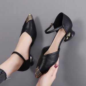 Belle Banni Genuine Leather Sandals Women Summer New One-Strap Mid-Heel Thick Heel Soft Bottom Single Shoes Casual Fashion