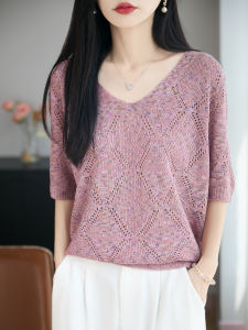 SHEHAN | French Retro V-Neck Hollow Mesh Knitwear Short Sleeve Slim Fit