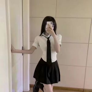 Áo Sơ Mi Trắng JK Đồng Phục Nữ Dài Tay Ôm Vừa Vặn Cổ Polo Nút Cotton Pha Trộn Thời Trang Mùa Hè Cho Nữ