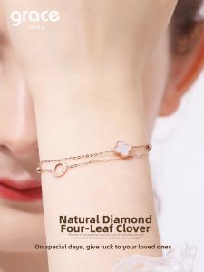 Grace Girl | Luxurious Minimalist 18K Gold Diamond Four Leaf Clover Bracelet