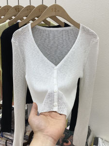 Summer Ice Silk V-Neck Knitted Slim Fit Cardigan Womens Thin Long Sleeve Shawl with Strap Outerwear Coat Top Korean Style Commute Pure Color