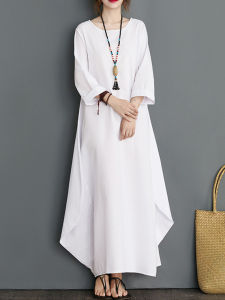 Loose Cotton Linen Long Sleeve Dress Korean Style Spring Autumn plus Size Womens Fashionable A-Line Dress Artistic round Neck