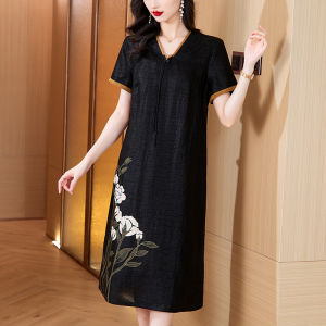 MAIMEI | Elegant Shangyun Silk Short Sleeve Dress Womens New Chinese Style High End Summer Mommy Clothes A-Line Midi Dress V-Neck Print