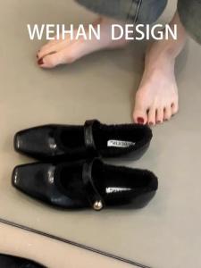 Sheepskin Version Mary Jane Shoes Retro Style Fleece Lined Warm Fur Cotton Flat Bottom Evening Single Shoes Korean Style Low Heel