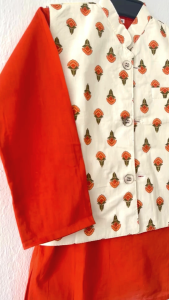 orange plain kurta with white jacket floral design-Readystock in SG-Boys ethnic wear