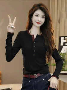 Spring and Autumn New Arrival Western Style Fashion Color Contrast Long Sleeve T-shirt Womens Base Shirt K-style Easiest for Match Slim Fit Slimming Top