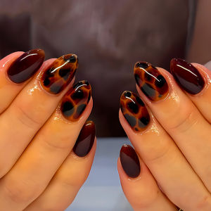 Short Medium Long fake nails for fall winter fashion coffee brown Leopard green blue red edge almond ballet tips press on nails