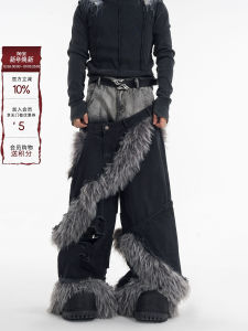 กางเกงยีนส์ทรงหลวมเอวสูงสำหรับผู้ชาย กางเกงขายาวทรงหลวมฤดูหนาว กางเกงขายาวทรงหลวมแบบแยกชิ้นสองชั้น ขนสัตว์ กระเป๋าหนัง ทรงหลวม กางเกงยีนส์ทรงหลวม