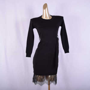 Slim Fit Knitted Dress with Waist Cinching round Neck Long Sleeve Mesh Splicing Mid-Length Dress Pure Color Commute Style Spring Autumn