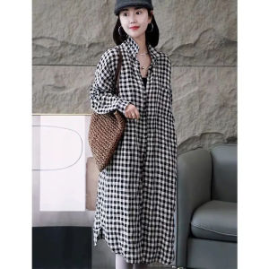 Womens Plaid Long Sleeve Shirt Spring Summer New Style Single Button Fashion plus Size Loose Midi Length Thin Sun Protection Outerwear
