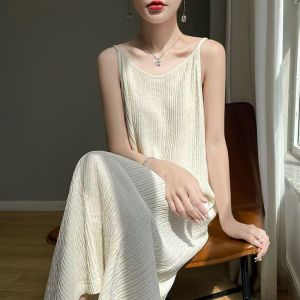 Chiba Casual Fashion Pleated Camisole Skirt Womens Solid Color Simple Stylish Strap Dress Polyester Fabric A-Line Skirt