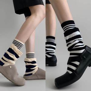 JIFANPAUL | Lazy Stripe Patchwork Vintage Double-Layer Mid-Calf Socks Wide Mouth