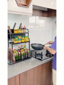 YOYO 3 Tier Condiment and Spice Rack Kitchen Countertop Organizer Carbon Steel Seasoning Bottle Holder with Knife and Cutting Board Storage