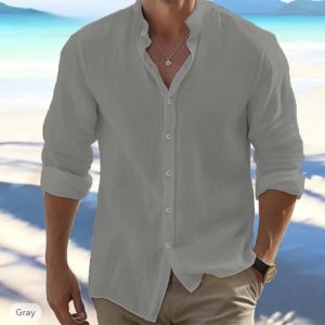 Mens Long-Sleeved Cotton Linen Summer Hot Sale Beach Style Shirts Solid Color Casual Versatile Stand-Up Collar Shirt Male Top