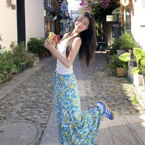 CHANGTONG | Floral Halter Neck Mini Skirt Set Sweet And Spicy Style Summer Fashion Two-Piece Cotton Blend Off-Shoulder Beach Vacation Wear