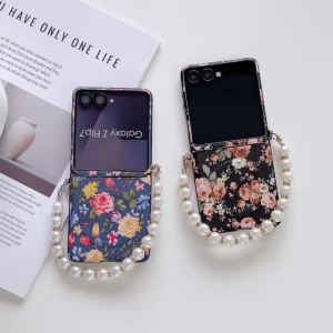 szhaiyu | For Samsung Galaxy Z Flip 8 7 6 5 4 3 Foldable Luxury Flower Strap Painting Flowers Shockproof Case with Pearl Bracelet Chain