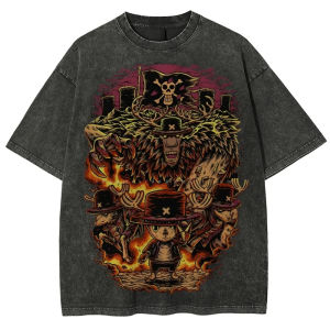 Bandai | One Piece Mens and Womens Washed T-Shirt Tony Tony Chopper Clothing Summer and Spring Anime Tee Retro Distressed Short Sleeve