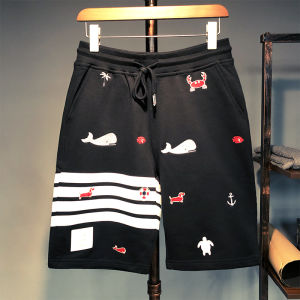 Fashion Stylish Summer Knitting Embroider TB Stripes Pure Cotton Mens Shorts Teenagers Couple Classy Suit Cropped Pants