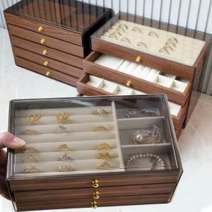 Vintage 3-layer Drawer Style Walnut Wood Jewelry Storage Case for Ring Earring Necklace Jewelry Accessory Acrylic Organizer Box