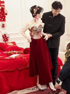 Red One-Shoulder Bridal Dress Slimming Elegant Korean Style Wedding Engagement Party Long Gown for Young Women 18-25 Years Old