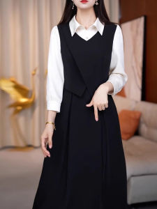 Elegant Long Sleeve Midi Dress Womens Spring Autumn New Style Slimming Skirt Casual High Waist Viscose Fiber A-Line Dress