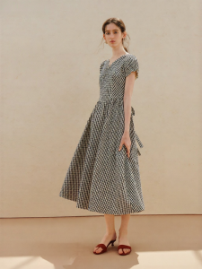 INMAN | Plaid Bow V-Neck Puff Sleeve Dress Long Skirt
