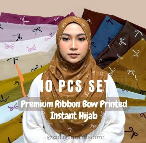 ZADA BUNDLE 10 RIBBON BOW Print Drape Style Ribbed Knitted Instant Hijab Malaysian Sukob / Misre Muslim Women