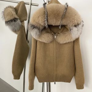 OFTBUY Real Mongolian Fur Knitwear Coat Women Cardigan Natural Fox Fur Coat Female Spring Autumn Hooded Knitted Fur Jacket