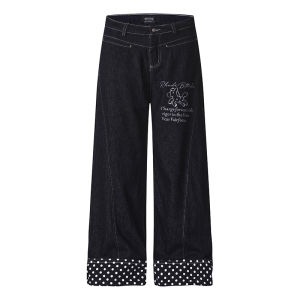 Quần Jeans Thẳng Vintage Đính Hột Xoài Thêu Chữ