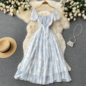 French Floral Pattern Summer Dress 2022 New Arrival Square Collar Retro Minority Fairy Waist-Tying Long Dress For 18-24 Birthday Party