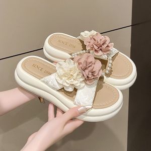 Large Size Womens Sandals 40-43 Flower Pearl Skirt Slippers Summer Fashion Thick Bottom Versatile Beach One-Strap Slippers