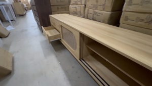 Flexidesignx AKIO TV Cabinet 6ft Rattan Sliding Door 2 Drawer TV Console Natural Walnut