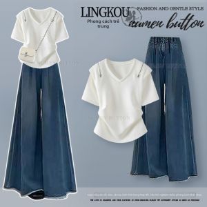 NUMEN BUTTON | Bộ Áo Thun và Quần Jeans Giảm Cân Sang Trọng