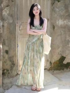 VKSOD | Summer Vacation Beachside Loose Fit V-Neck Green Strapless Dress Womens Fashionable A-Line Long Skirt High Waist No Sleeve