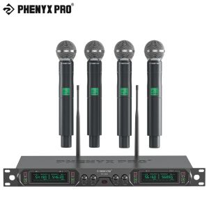 Phenyx Pro PTU-5000A Wireless Microphone System Professional 4-Channel UHF Wireless Mic Fixed Frequency Metal Cordless Mic with 4 Handheld Dynamic Microphones 260FT Range Microphone for Singing Church Stage Live Show Wedding