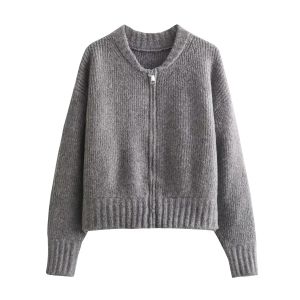 HH Female Autumn Fashion Grey Knitted Coat Solid Color O Neck Zipper Long Sleeves All Matched Jackets Elegant Outerwear