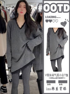 เสื้อถักคอวียาวปานกลางสำหรับผู้หญิง ฤดูใบไม้ผลิ 2025 เสื้อเชิ้ตทรงหลวม สไตล์ใหม่ แขนยาว เสื้อเชิ้ตคอวี ผ้าฝ้ายผสมโพลีเอสเตอร์