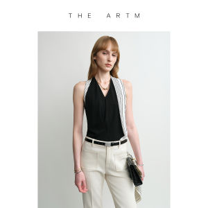 Waist-Cinching Vest Knot-Design V-Neck Color-Block Sleeveless Blouse