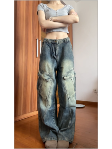 กางเกงยีนส์ทรงหลวมสไตล์อเมริกันสำหรับผู้หญิง กางเกงขายาวทรงตรง ทรงหลวม ทรงสลิมฟิต ทรงลำลอง ฤดูใบไม้ผลิและฤดูใบไม้ร่วง