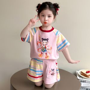 Zha Ta Baby Girls Short Sleeve Shorts Set Summer New Cartoon Half Sleeve Clothes Cotton Two-Piece Suit for 2-18 Months Kids