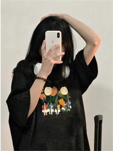 Black Pure Cotton Oversize Short Sleeve T-Shirt Womens Summer Fashion Hong Kong Style Chic Top Trendy Ins Korean round Neck Print