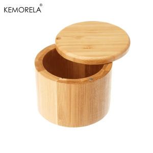 1PC Bamboo Wooden Salt Box with Magnetic Swivel Lid - Kitchen Storage Container for Spices Herbs And Condiments