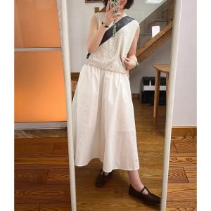 White A-Line Midi Skirt Womens High Waist Concealing Umbrella Skirt Slimming Half Skirt Korean Style Commute New Summer