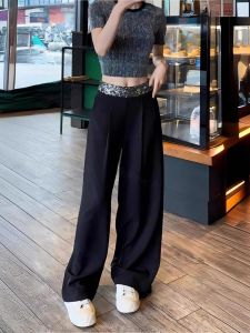 WANGGONGZHU | High Waist Sequin Patchwork Suit Pants Women Summer 2025 New Tall Design Sensation Floor-Length Casual Long Trousers