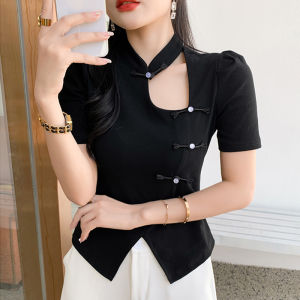 Improved Design Womens Short Sleeve T-Shirt Stand Collar Vintage Chinese Style Asymmetrical Slit Slim Fit Small Shirt